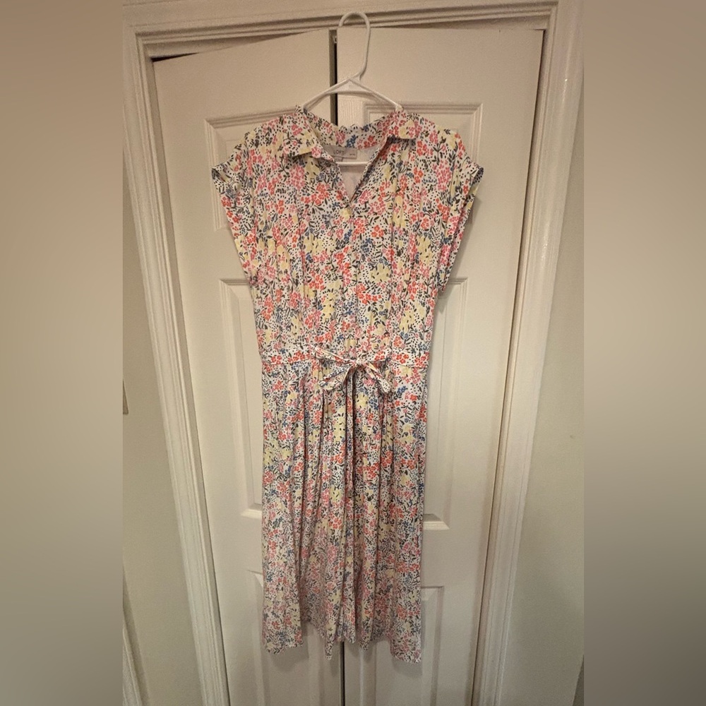 LOFT Pink and Blue Buttoned Tie Front Midi Sundress